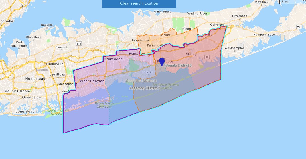 The new CD 2 is highlighted in the New York State district map searcher available online.